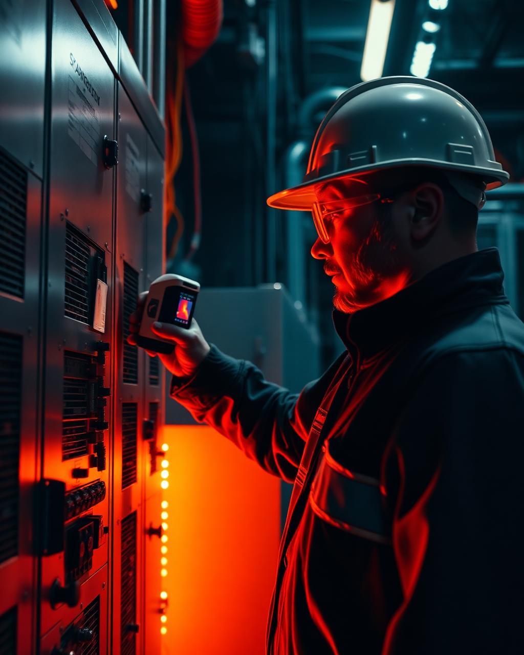 Technik provádí termovizní měření na průmyslovém rozvaděči